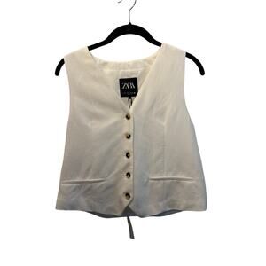 Zara Womens White Vest Waistcoat Linen Blend lined Size Medium NWT